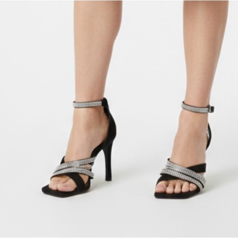 Vince Camuto Brevern black suede ankle-strap stiletto Heels with rhinestones